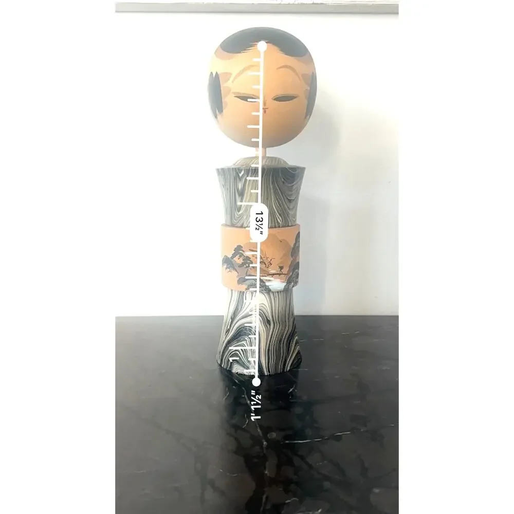 Vintage Japanese Kokeshi Doll Hand Painted Marbled Wood 13.5” Decor